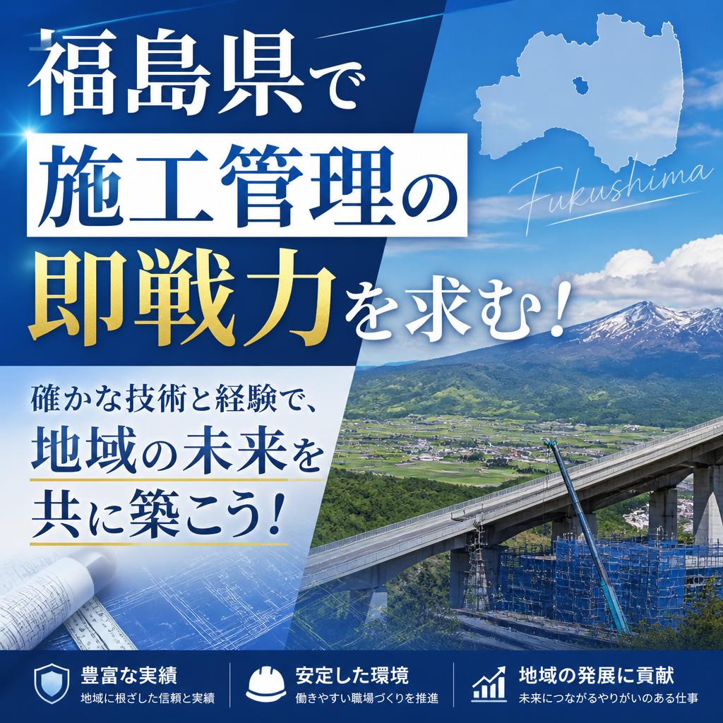 福島県で施工管理の即戦力を求む！
確かな技術と経験で、地域の未来を共に築こう！