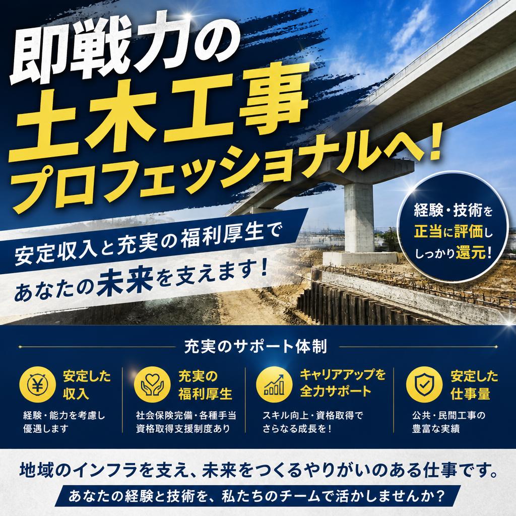 即戦力の土木工事プロフェッショナルへ！ 安定収入と充実の福利厚生であなたの未来を支えます！